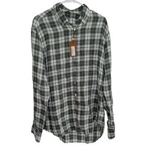 STENSTROMS Men's Size LARGE  Brown Blue Plaid 100% LINEN Long Sleeve Shirt NWT